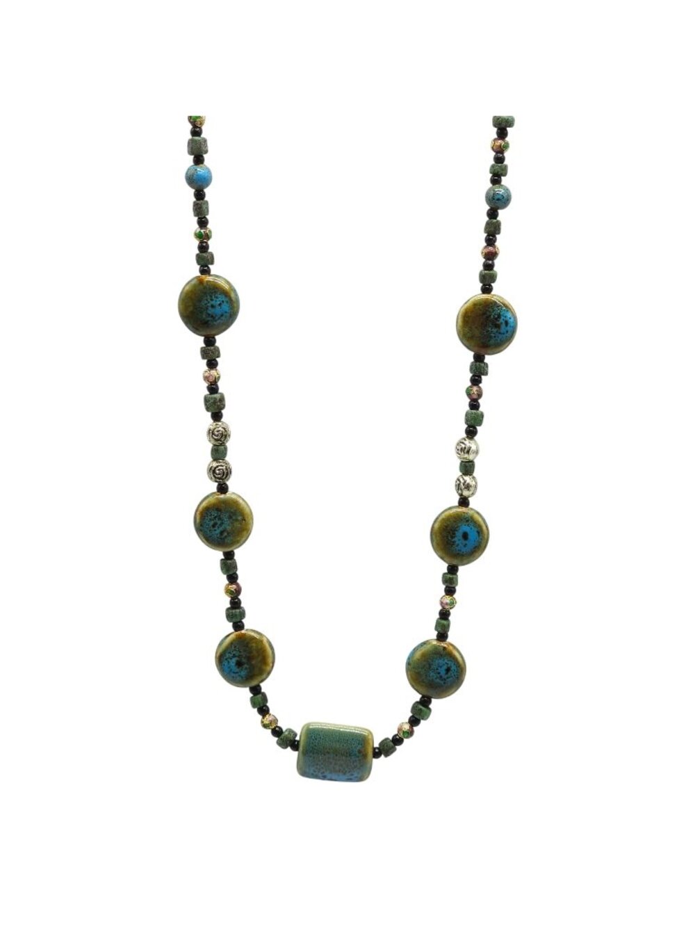 Handmade Ceramic Beaded Necklace With Blue & Green Accents 25" Long Jewelry